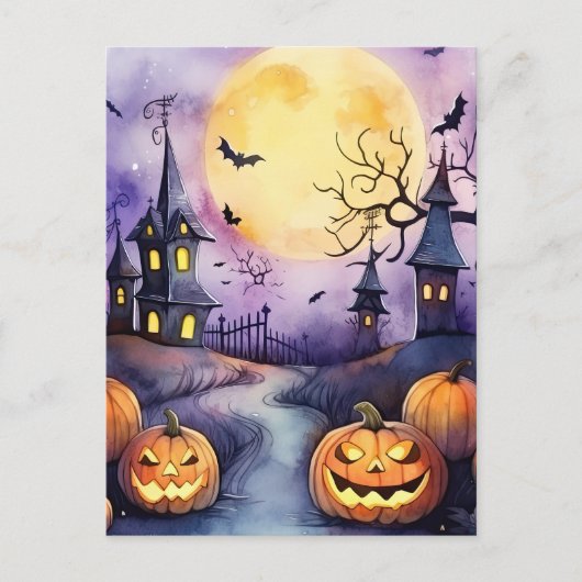 Jack O'Lanterns Bats Moon Cemetery Halloween Night Feestdagenkaart (Voorkant)