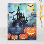 Jack O'Lanterns spookachtige herenhuis Halloween Kaart (Gele Bloem)