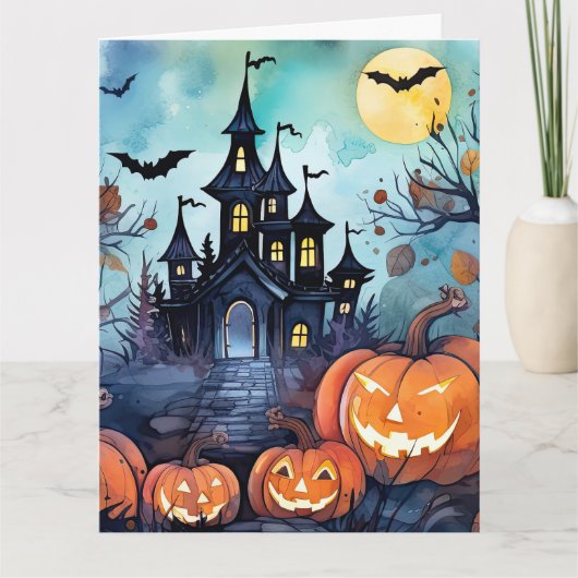 Jack O'Lanterns spookachtige herenhuis Halloween Kaart (Voorkant)