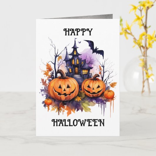 Jack o'Lanterns spookhuis Halloween Kaart (Gele Bloem)