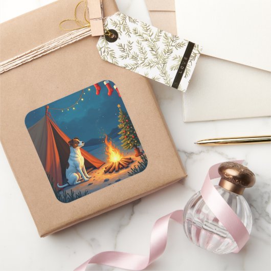 Jack Russell Christmas Camping Night Painting Vierkante Sticker (Geschenken)