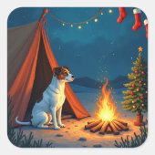 Jack Russell Christmas Camping Night Painting Vierkante Sticker (Voorkant)
