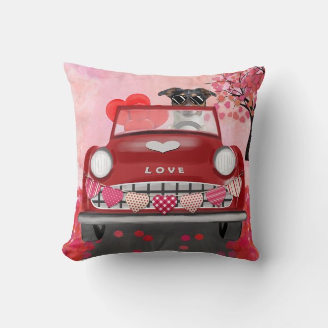 Jack Russell Dog Car met Hearts Valentijns Kussen (Voorkant)