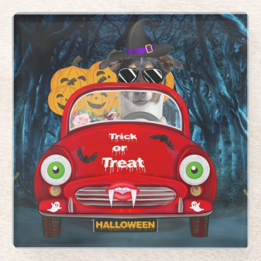 Jack Russell Dog Driving Car Scary Halloween Glazen Onderzetter (Voorkant)