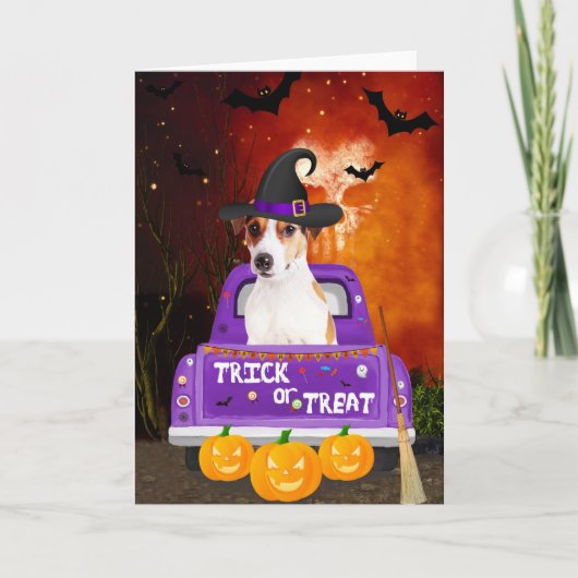 Jack Russell Dog in Halloween Truck Kaart (Voorkant)
