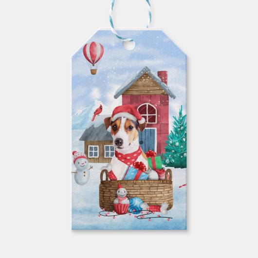 Jack Russell Dog in het sneeuwbalhuis Cadeaulabel (Voorkant)