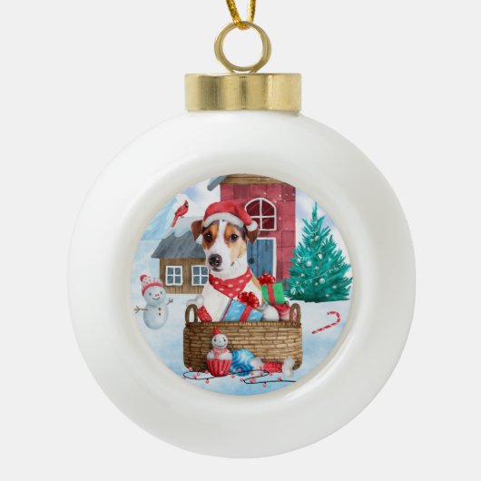 Jack Russell Dog in het sneeuwbalhuis Keramische Bal Ornament (Voorkant)