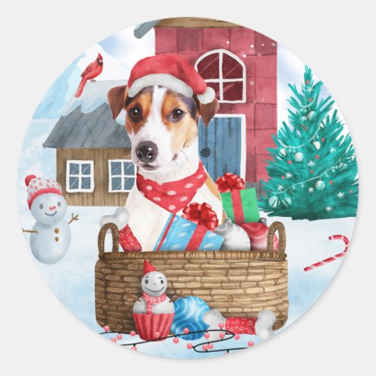 Jack Russell Dog in het sneeuwbalhuis Ronde Sticker (Voorkant)