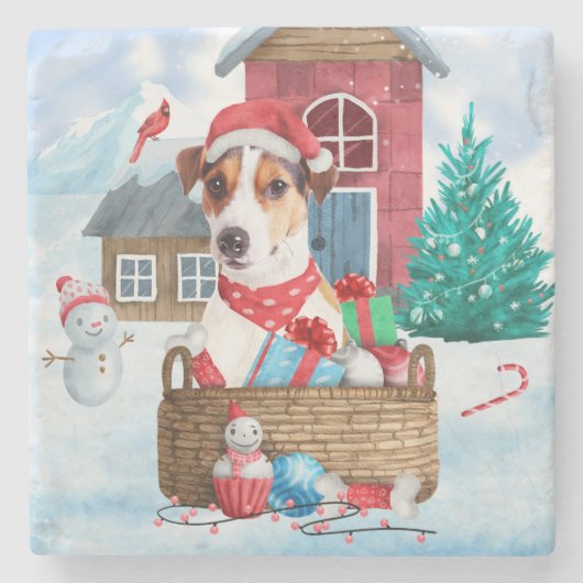 Jack Russell Dog in het sneeuwbalhuis Stenen Onderzetter (Voorkant)