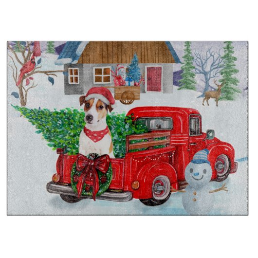 Jack Russell Dog in kerstcadeauwagen Snijplank (Voorkant)