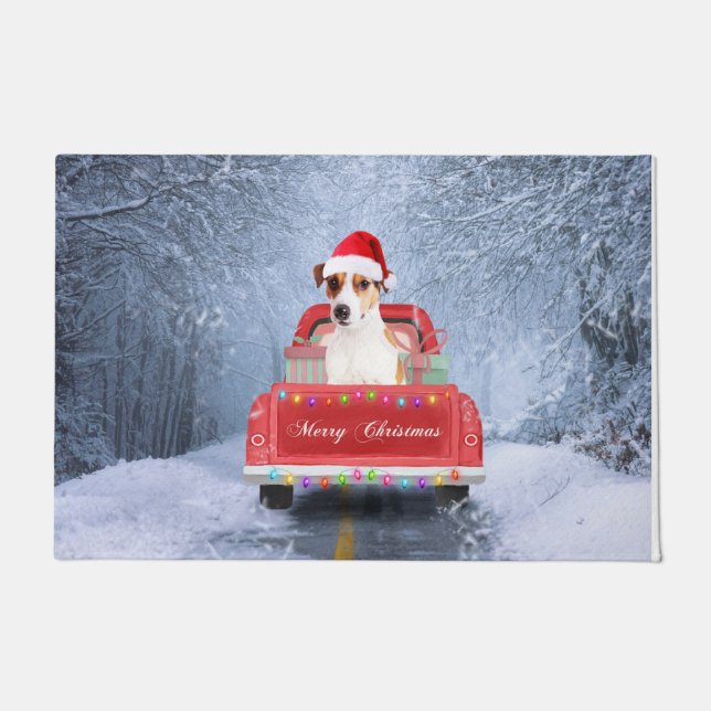 Jack Russell Dog in Snow, met Kerstmis Deurmat (Voorkant)