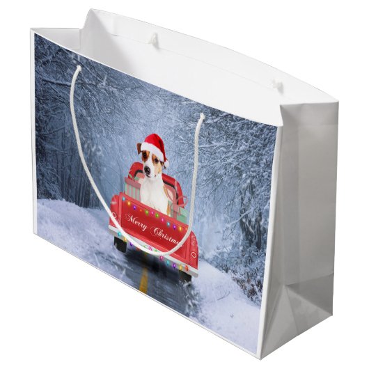 Jack Russell Dog in Snow, met Kerstmis Groot Cadeauzakje (Achterkant Gekanteld)