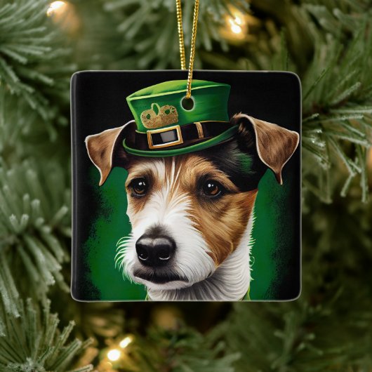 Jack Russell Dog in St. Patrick's Day Dress Keramisch Ornament (Boom)