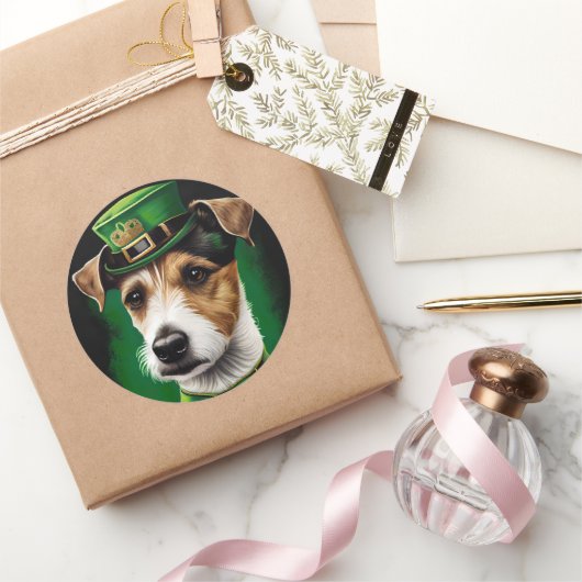 Jack Russell Dog in St. Patrick's Day Dress Ronde Sticker (Geschenken)