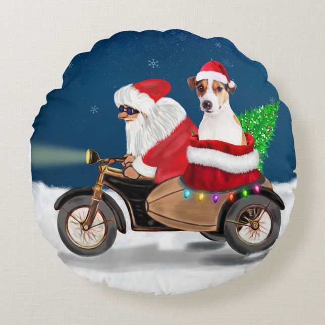 Jack Russell Dog kerstkerstman Rond Kussen (Voorkant)