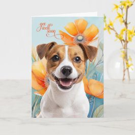 Jack Russell Dog Orange Poppy Flowers Get Well Kaart