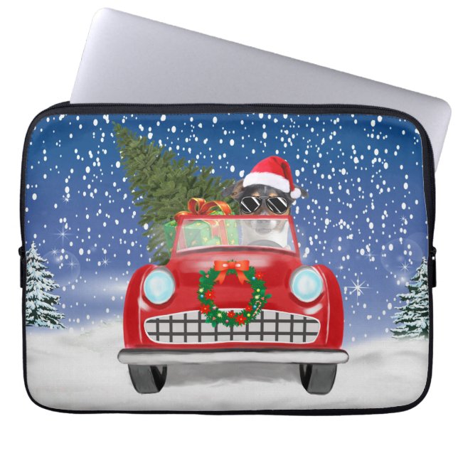Jack Russell Dog rijdt met sneeuwkerst Laptop Sleeve (Voorkant)