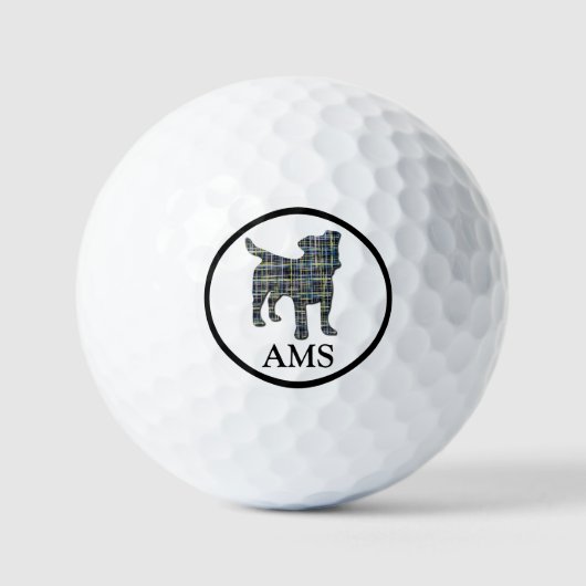Jack Russell Dog Silhouette Yellow & Blue Grid Golfballen (Voorkant)