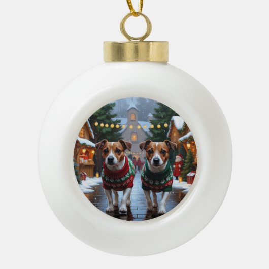 Jack Russell Dogs Christmas Snow Holiday Keramische Bal Ornament (Voorkant)