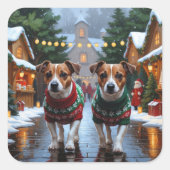 Jack Russell Dogs Christmas Snow Holiday Vierkante Sticker (Voorkant)