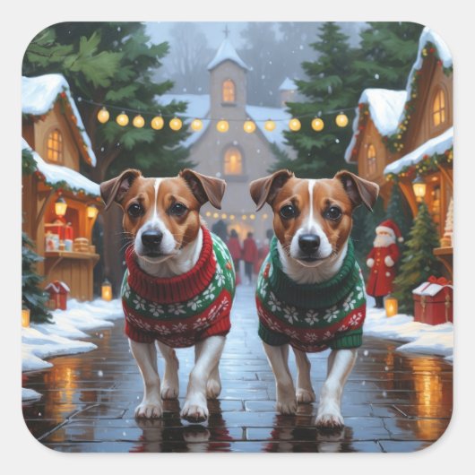 Jack Russell Dogs Christmas Snow Holiday Vierkante Sticker (Voorkant)