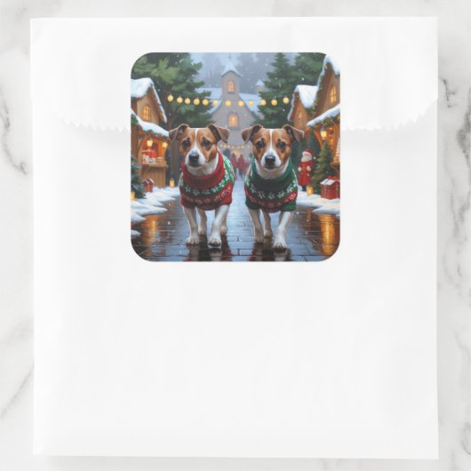 Jack Russell Dogs Christmas Snow Holiday Vierkante Sticker (Tas)