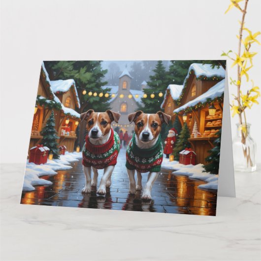 Jack Russell Dogs Kerstmis Sneeuw Vakantie Kaart (Gele Bloem)