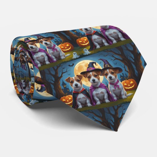 Jack Russell Dogs Pumpkin Halloween Grappig Stropdas (Opgerold)