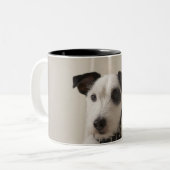 Jack russell doodsbang. tweekleurige koffiemok (Voorkant links)