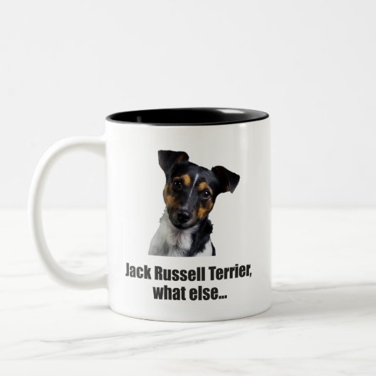Jack russell doodsbang, wat nog meer... tweekleurige koffiemok (Links)