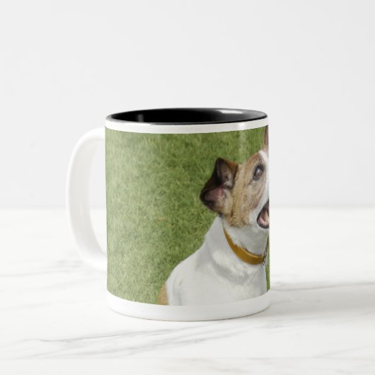 Jack russell doodssprong, verhoogd uitzicht tweekleurige koffiemok (Voorkant links)