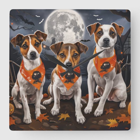 Jack Russell Halloween Griezelig Vierkante Klok (Voorkant)