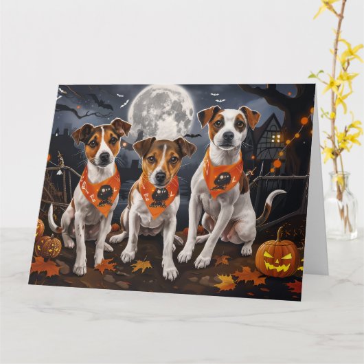 Jack Russell Halloween Spooky Kaart (Gele Bloem)