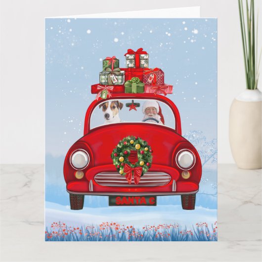 Jack Russell Hond In Auto Met Kerstman Kaart (Voorkant)