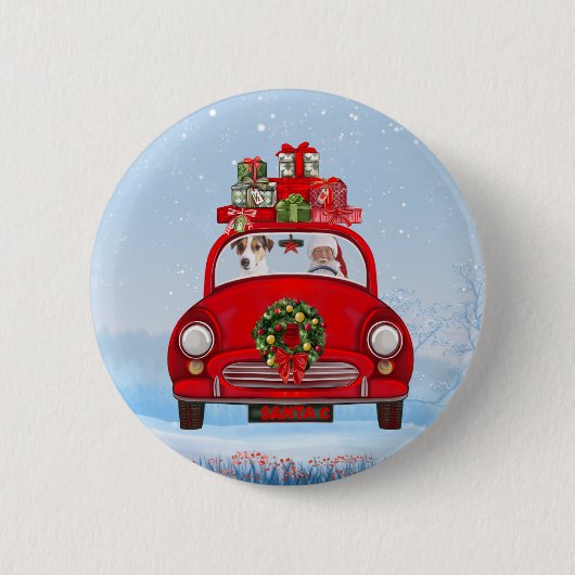 Jack Russell Hond In Auto Met Sinterklaas Ronde Button 5,7 Cm (Voorkant)