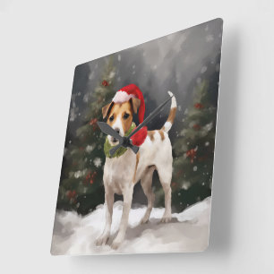 Jack Russell-hond in de sneeuw met Kerstmis Vierkante Klok