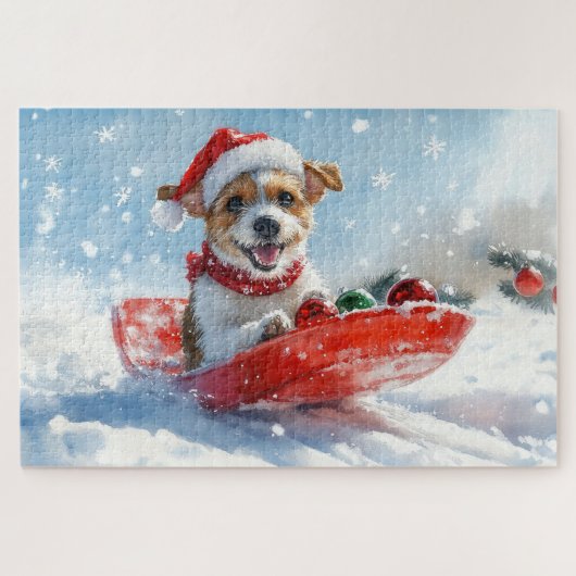 Jack Russell Hond in Sledge Laat het Sneeuw Kerstm Legpuzzel (Horizontaal)