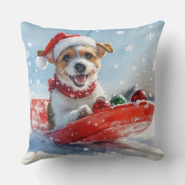 Jack Russell-hond in slee laat het sneeuwen Kerstm Kussen (Achterkant)
