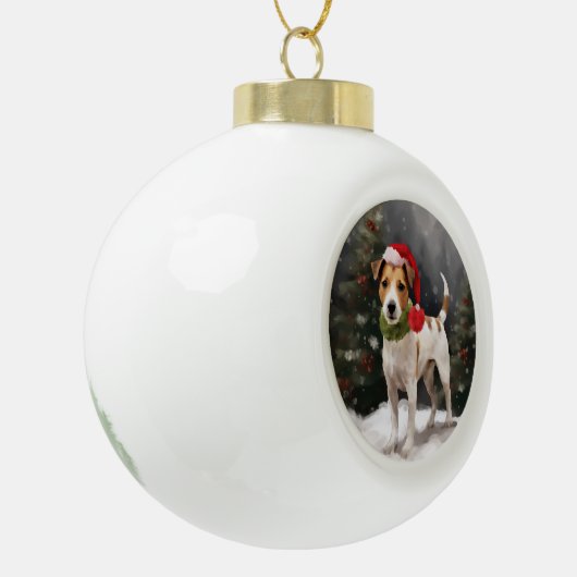Jack Russell Hond in Sneeuw Kerstmis Keramische Bal Ornament (Links)