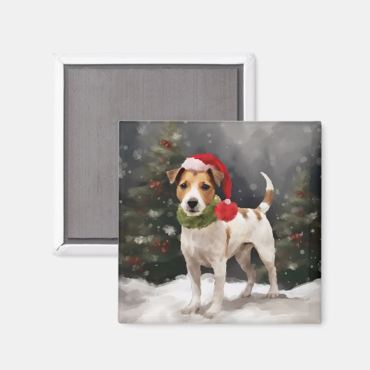 Jack Russell Hond in Sneeuw Kerstmis Magneet (Voorkant / Achterkant)