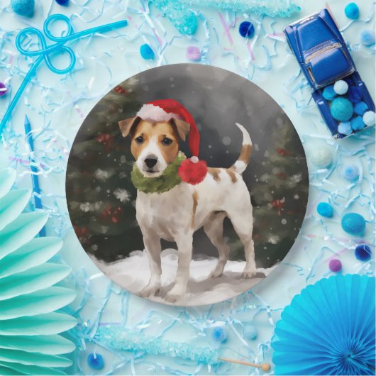 Jack Russell Hond in Sneeuw Kerstmis Papieren Bordje (Feest)