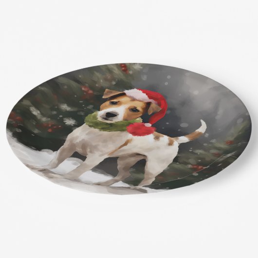 Jack Russell Hond in Sneeuw Kerstmis Papieren Bordje (Gekanteld)