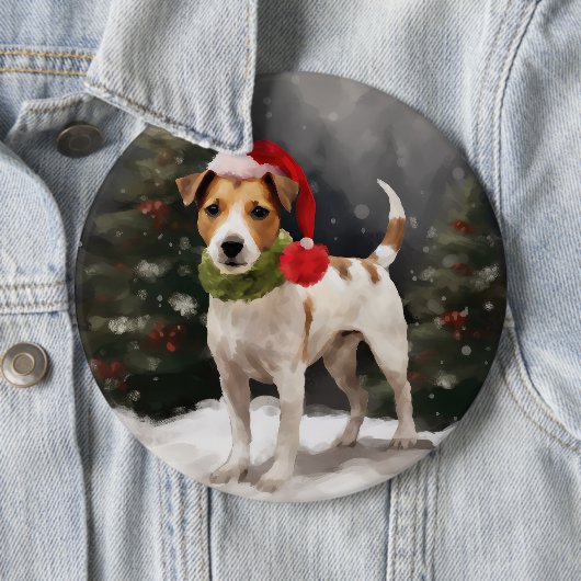 Jack Russell Hond in Sneeuw Kerstmis Ronde Button 6,0 Cm (In situ)