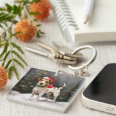 Jack Russell Hond in Sneeuw Kerstmis Sleutelhanger (Voorkant Rechts)