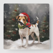 Jack Russell Hond in Sneeuw Kerstmis Vierkante Klok (Voorkant)
