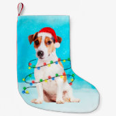 jack russell Hond in sneeuw met Santa Hat Lights Kleine Kerstsok (Voorkant)