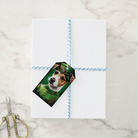 Jack Russell-hond in St. Patrick's Day-jurk Cadeaulabel (Met Touw)