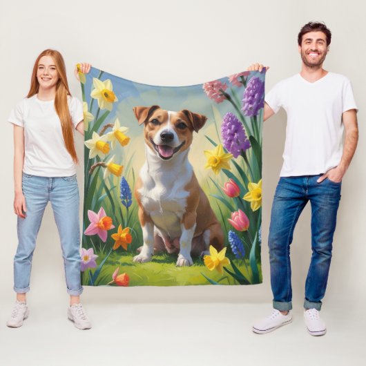 Jack Russell-hond lente bloemen schilderij Fleece Deken (In situ)