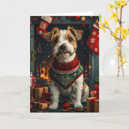 Jack Russell hond met kerstcadeaus open haard Kaart (Gele Bloem)