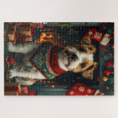 Jack Russell hond met kerstcadeaus open haard Legpuzzel (Horizontaal)